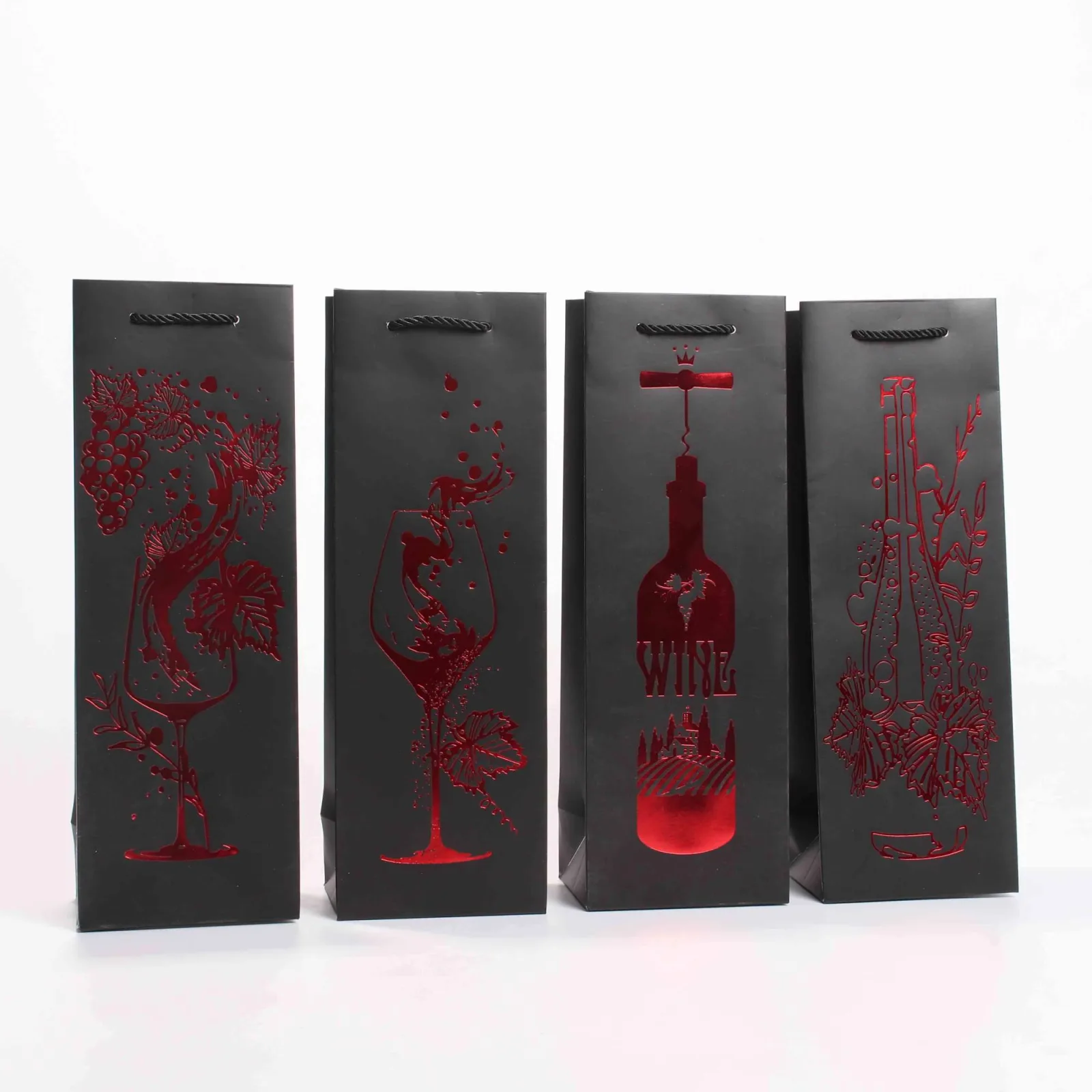 Black Cardstock Wine Bag with Foil Stamped Bottle Design