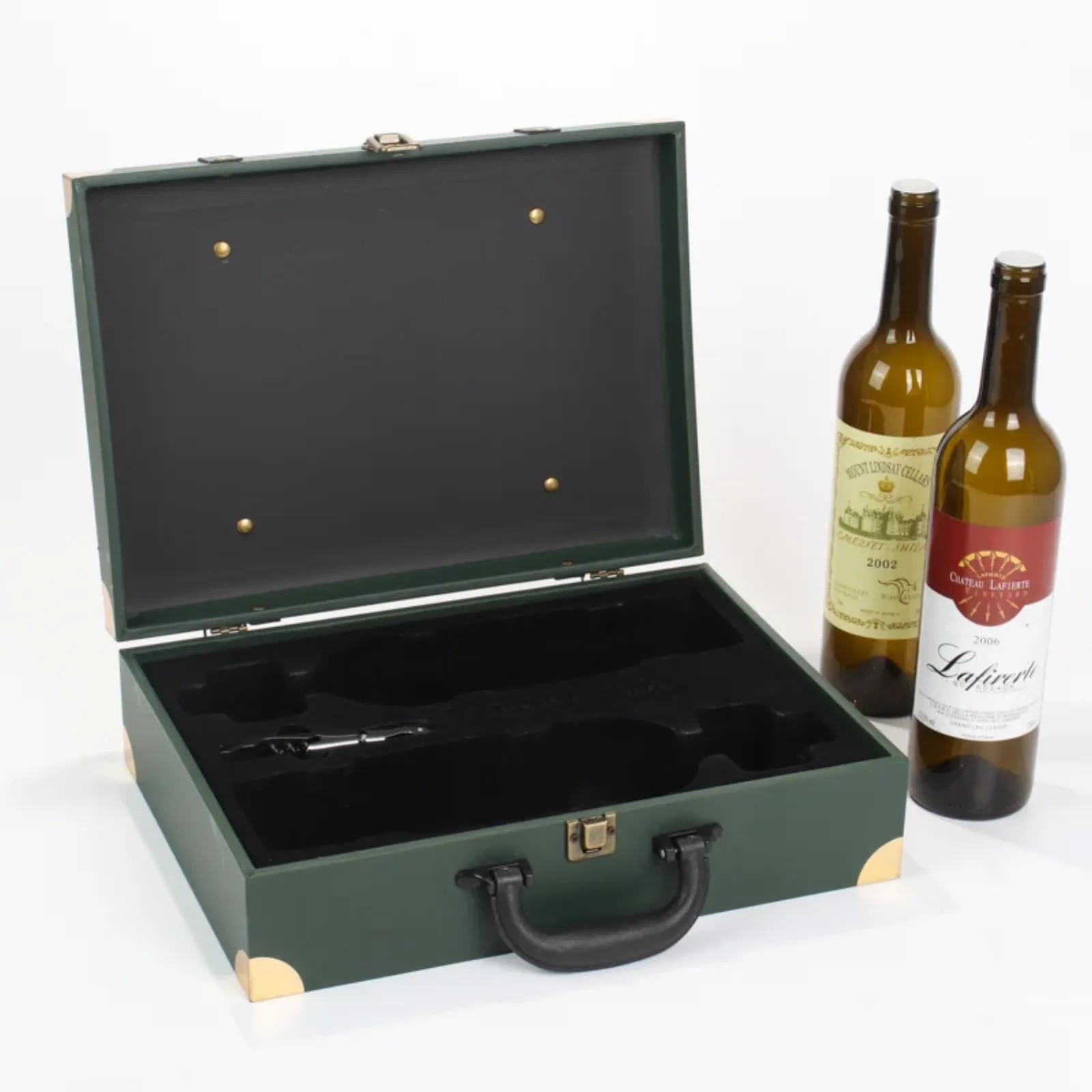 Vintage Leather Handled Double Bottle Flip Top Wine Gift Box