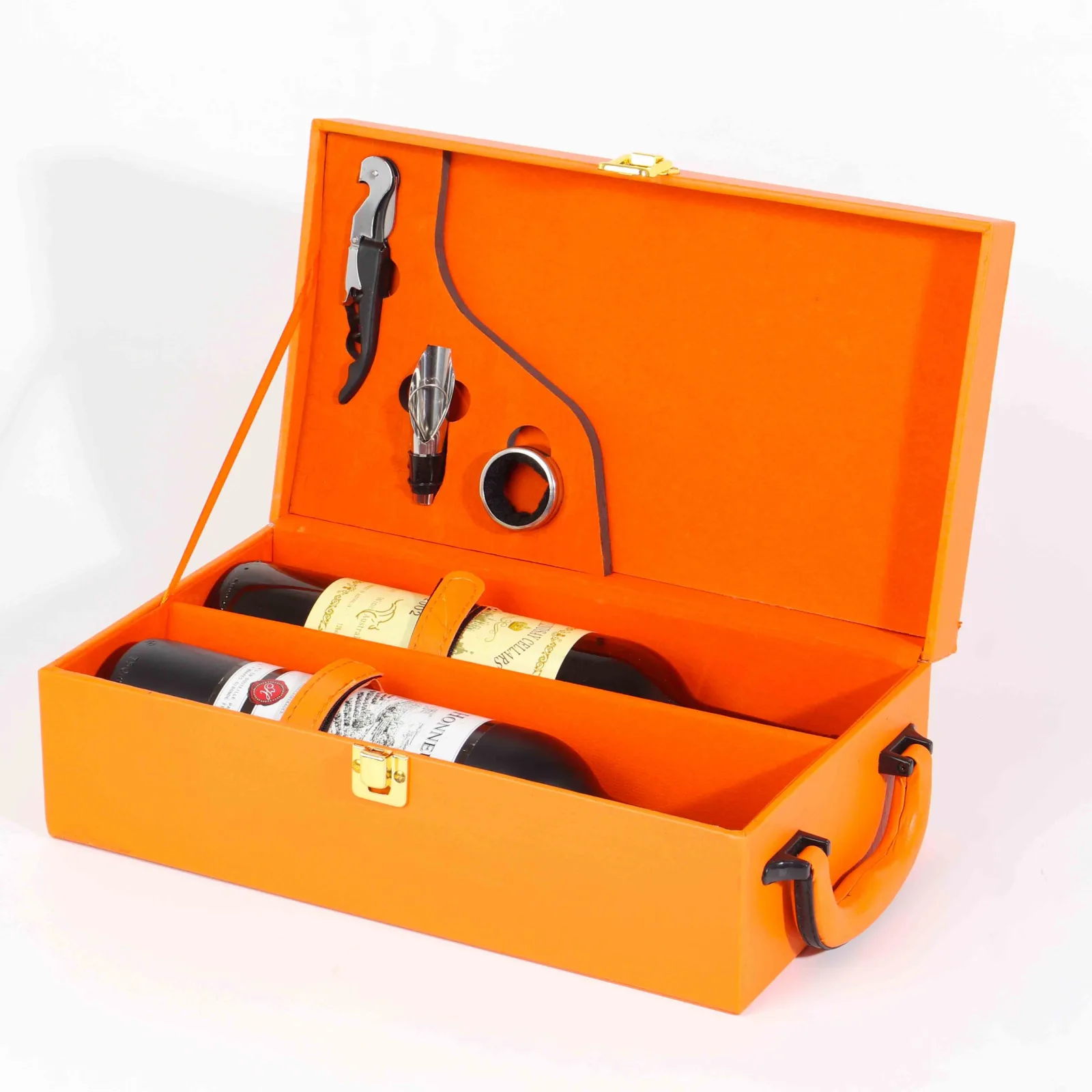 Orange Leather Double Wine Gift Box with Wine Tools 2