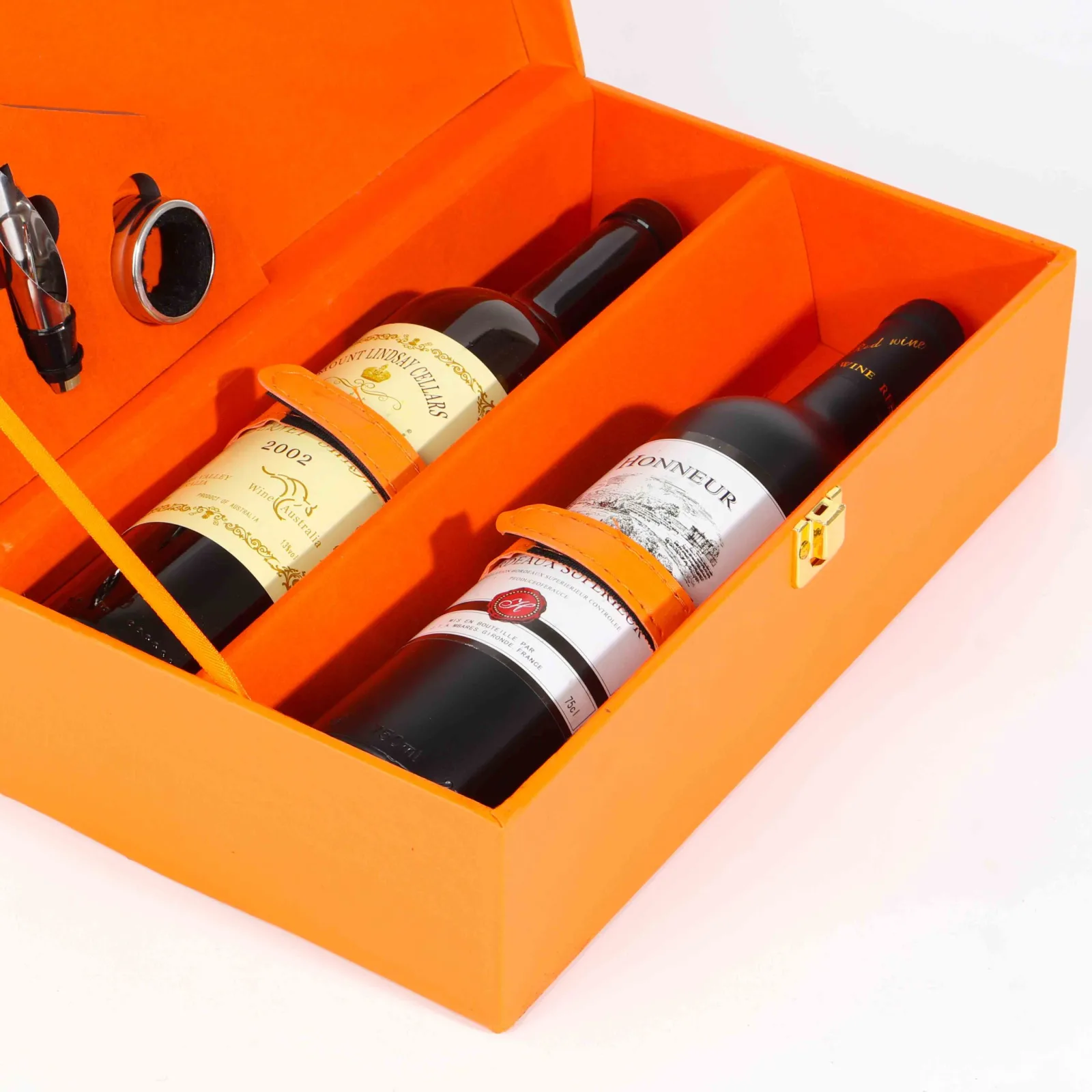 Orange Leather Double Wine Gift Box with Wine Tools 3