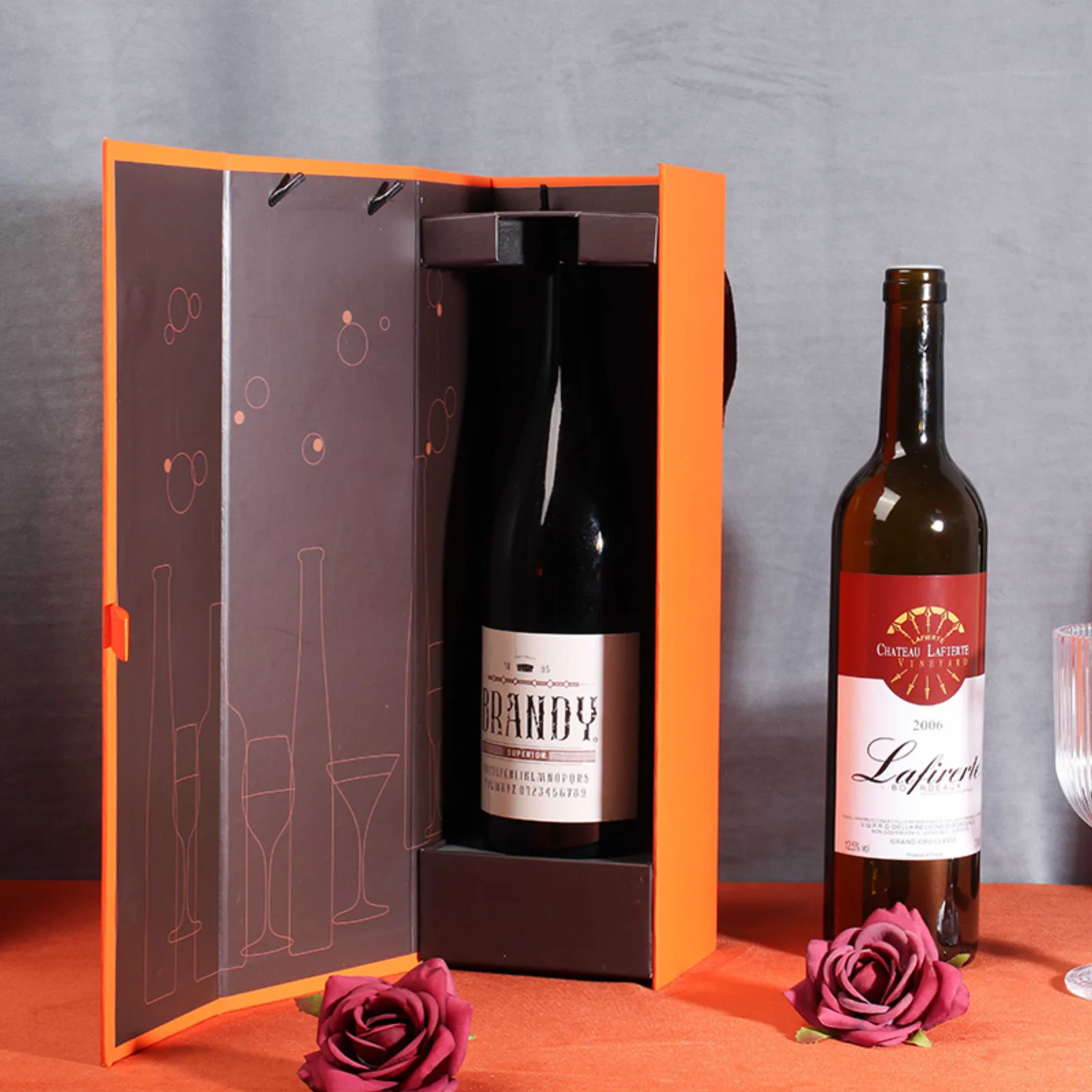 Single Bottle Foldable Cardboard Wine Gift Box with Ribbon Handle