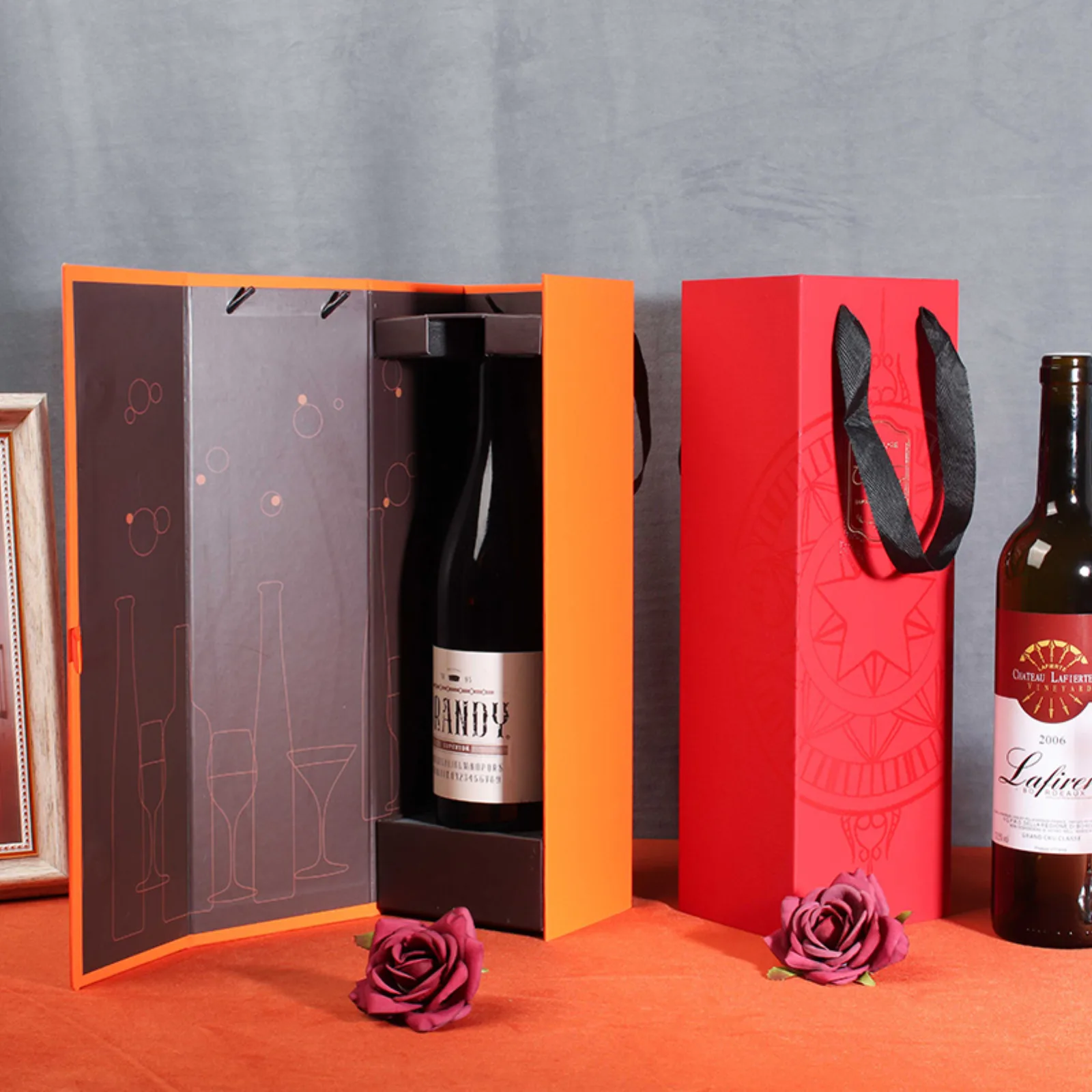 Single Bottle Foldable Cardboard Wine Gift Box with Ribbon Handle 2